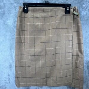 Talbots VTG 90s Tan Plaid Wool Wrap Skirt Toggle Closure Sz 10 Preppy Classic
